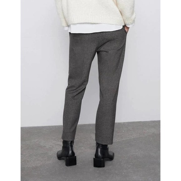 Zara The Easy Plaid Elastic Waist Trouser Pant Size 10 Gray Business Career - Picture 2 of 10